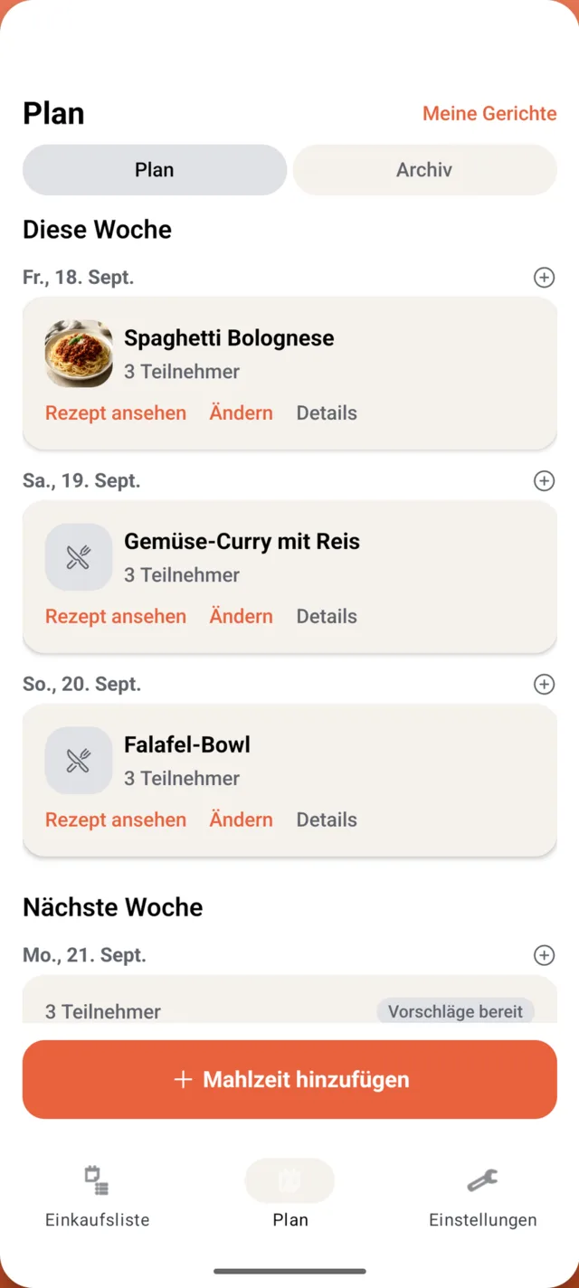 Wochenplan in der Platepal-App mit geplanten Mahlzeiten für die ganze Woche