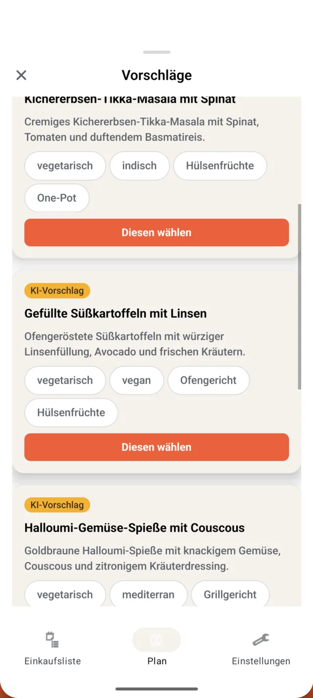 KI-Essensvorschläge mit Tags wie vegetarisch und mediterran
