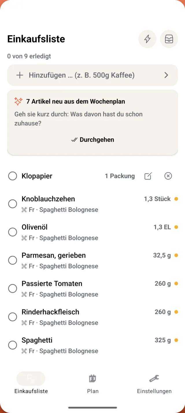 Gemeinsame Einkaufsliste, nach Supermarkt-Reihenfolge sortiert