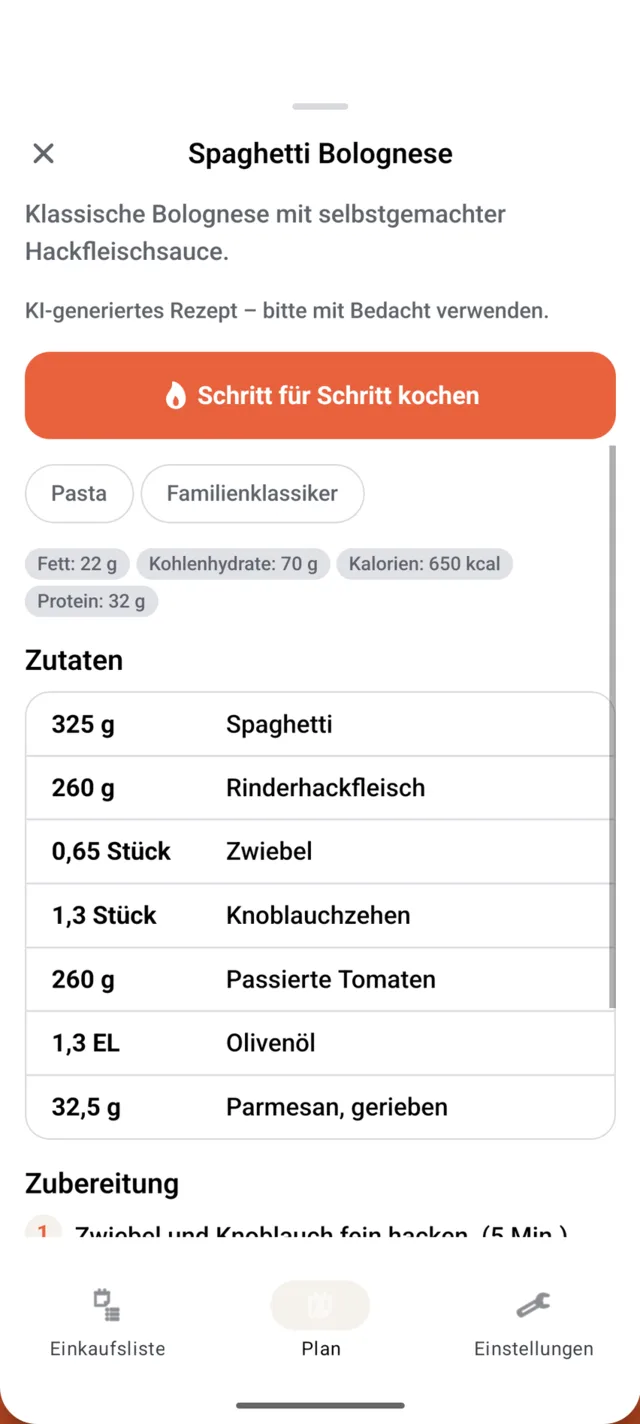 Rezeptansicht mit Zutaten und Zubereitungsschritten