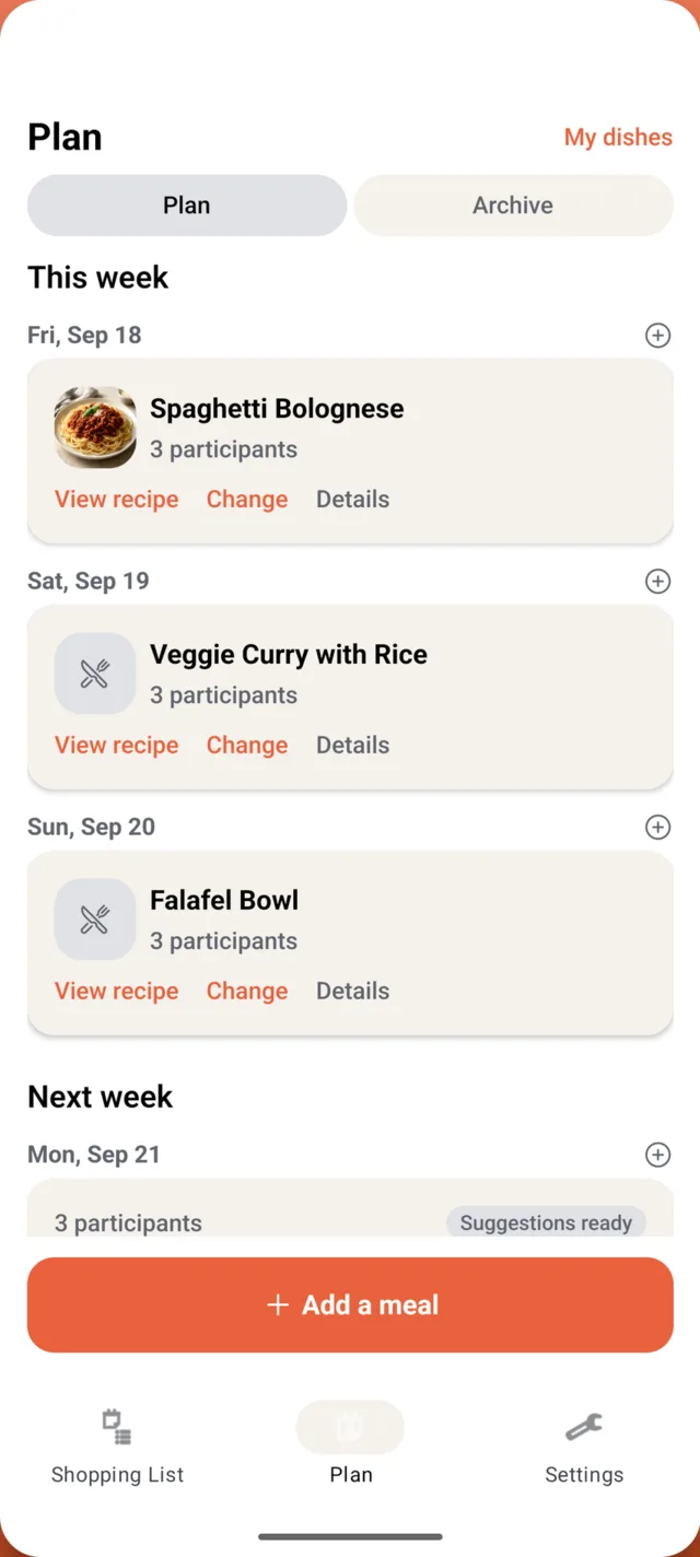 Weekly plan in the Platepal app with meals planned for the whole week