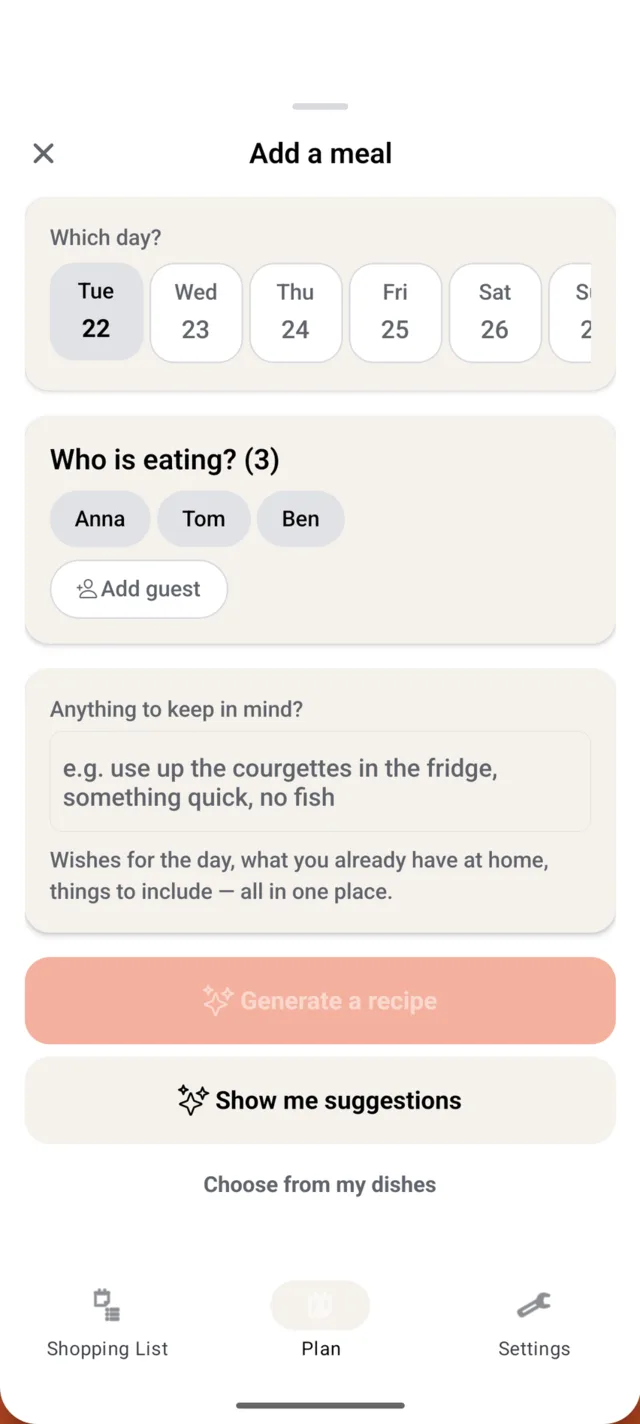 Adding a meal: pick a day, choose who’s eating, add wishes
