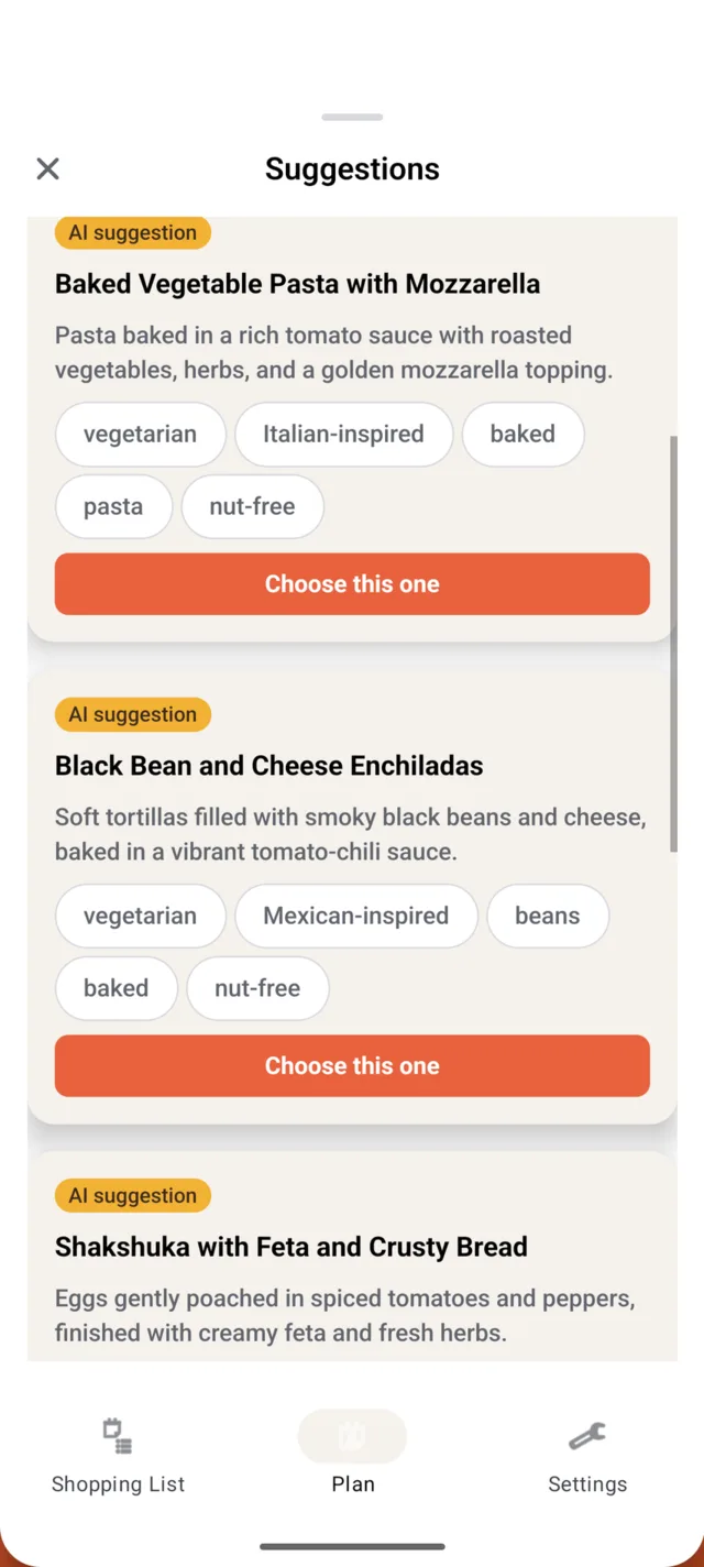 AI meal suggestions with tags such as vegetarian and Mediterranean