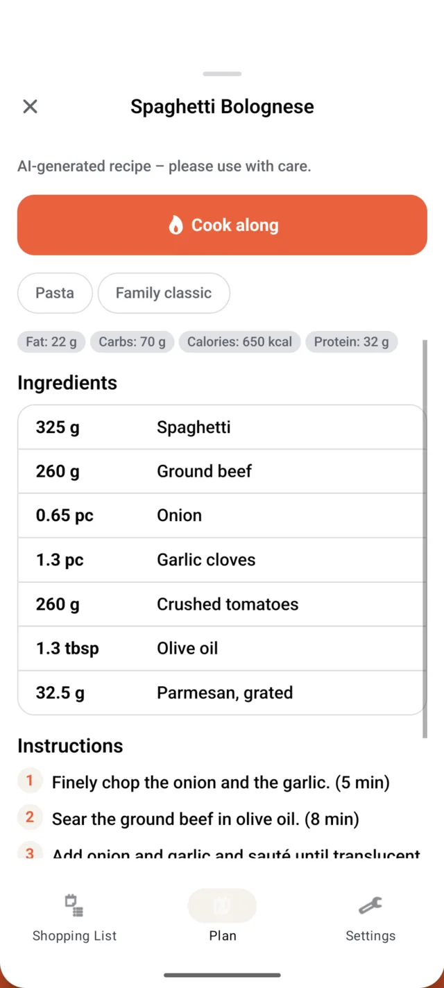 Recipe view with ingredients and preparation steps